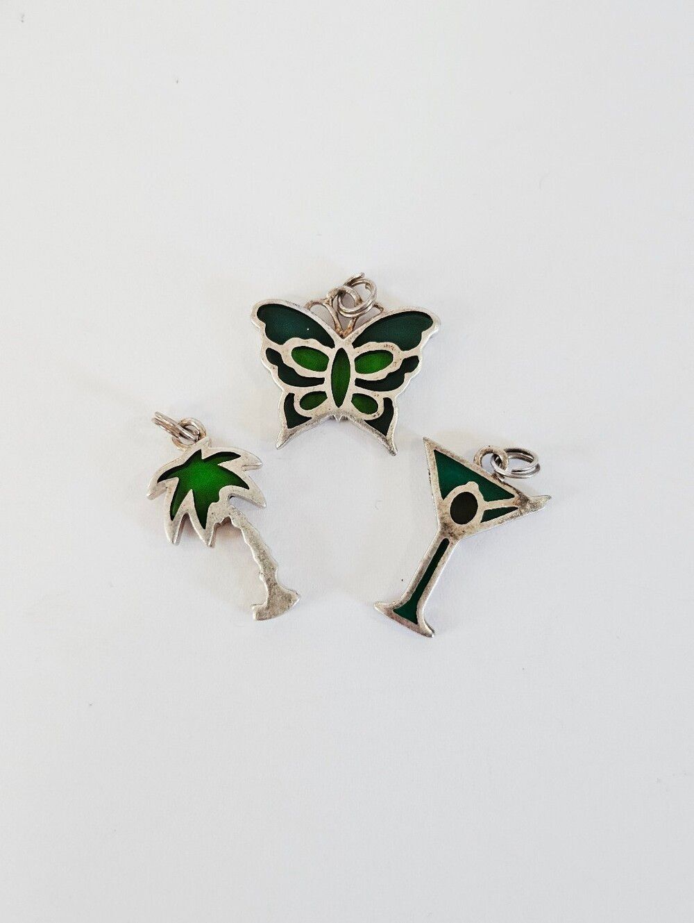 Vintage Jezlaine Sterling Silver Stained Glass Charm Set Butterfly Martini Palm